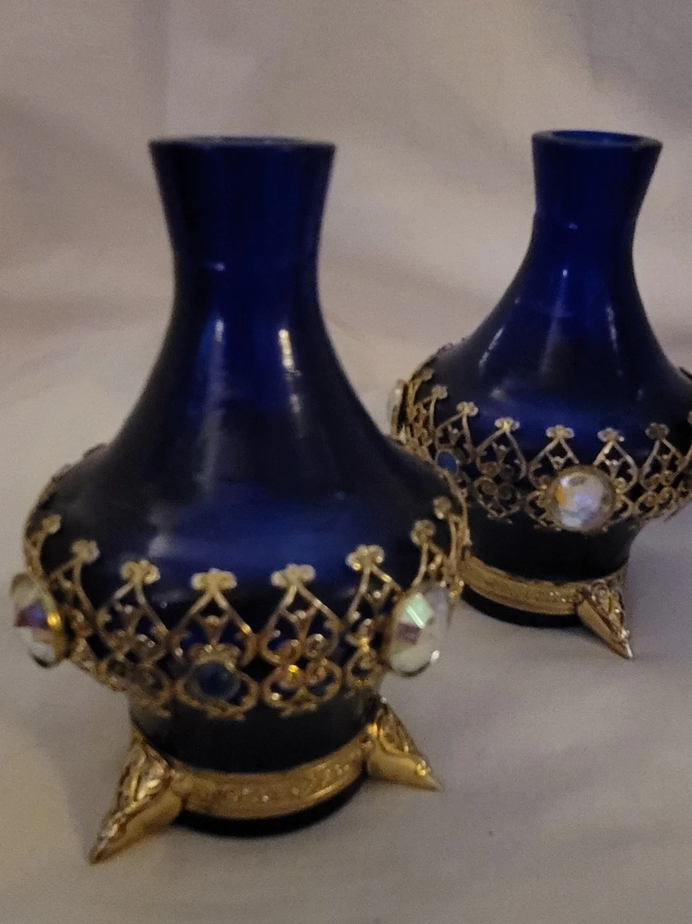 Cobalt Blue Decorative Glass Vases with Gold Filigree